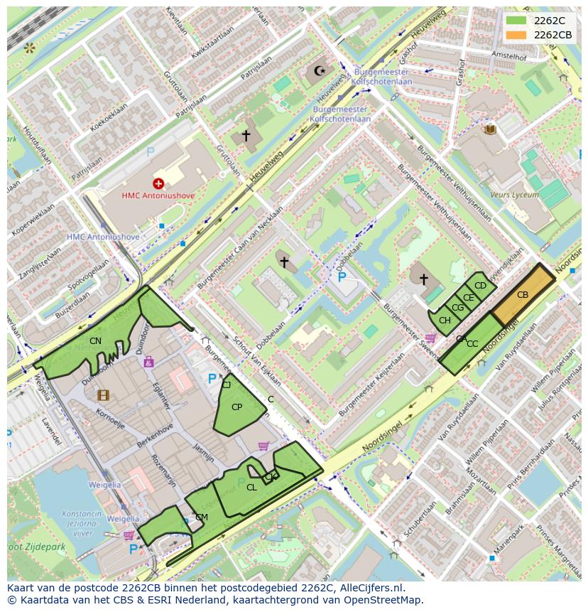 Afbeelding van het postcodegebied 2262 CB op de kaart.