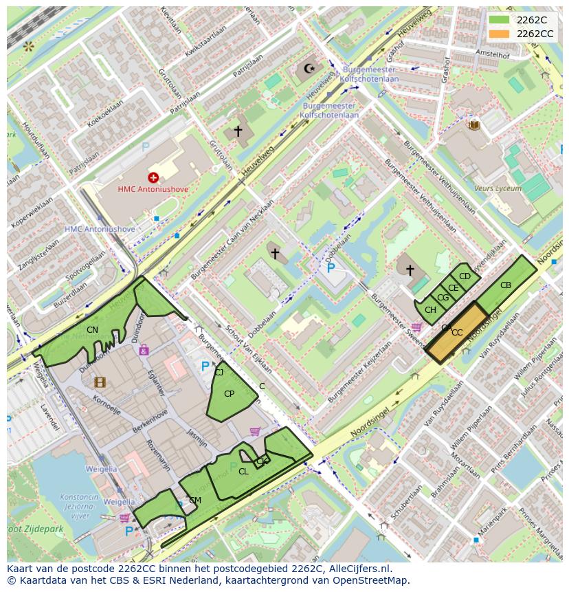 Afbeelding van het postcodegebied 2262 CC op de kaart.