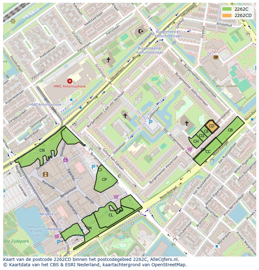 Afbeelding van het postcodegebied 2262 CD op de kaart.