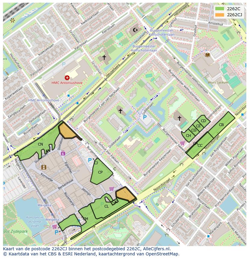 Afbeelding van het postcodegebied 2262 CJ op de kaart.