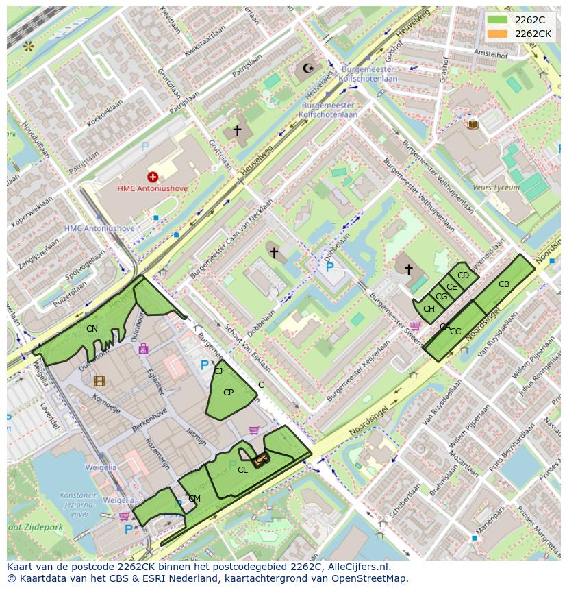 Afbeelding van het postcodegebied 2262 CK op de kaart.