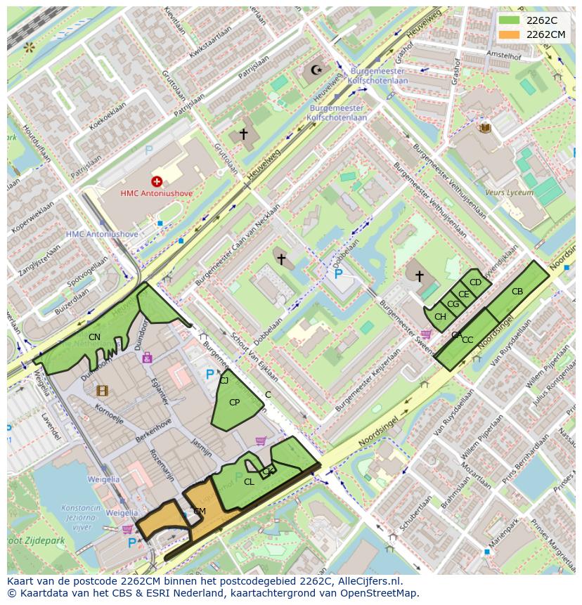 Afbeelding van het postcodegebied 2262 CM op de kaart.