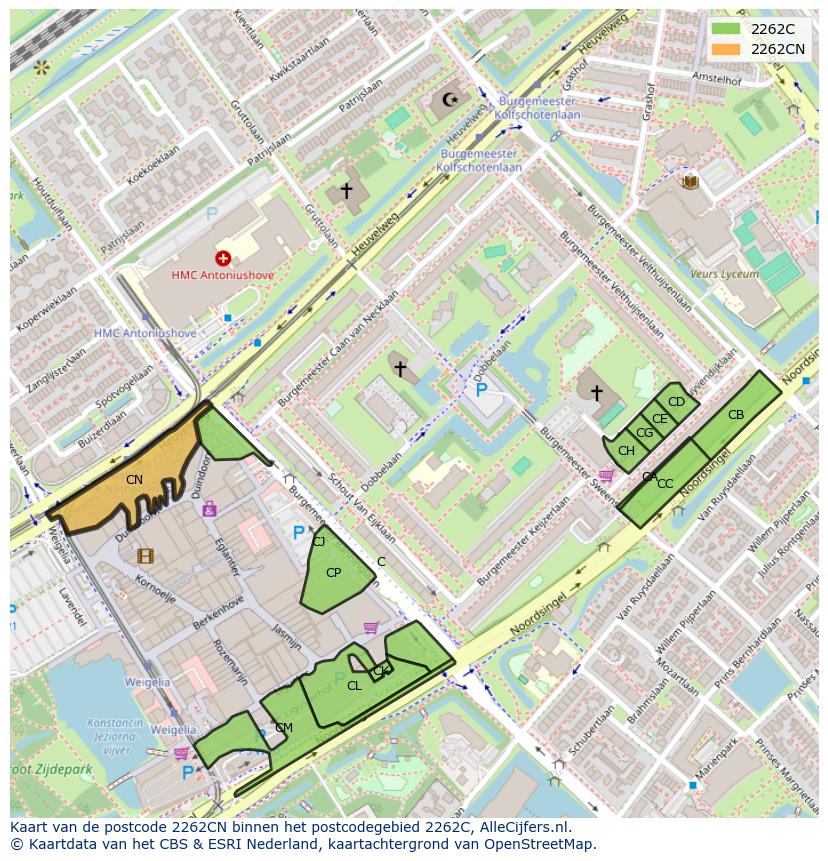 Afbeelding van het postcodegebied 2262 CN op de kaart.