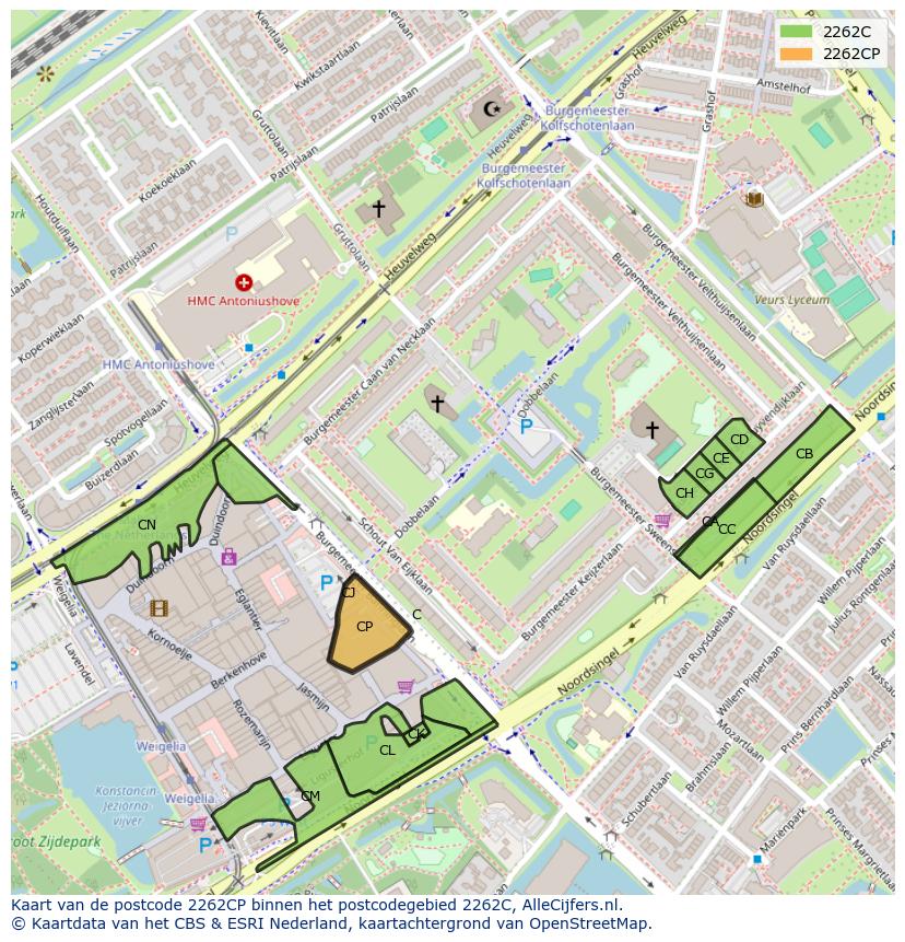 Afbeelding van het postcodegebied 2262 CP op de kaart.