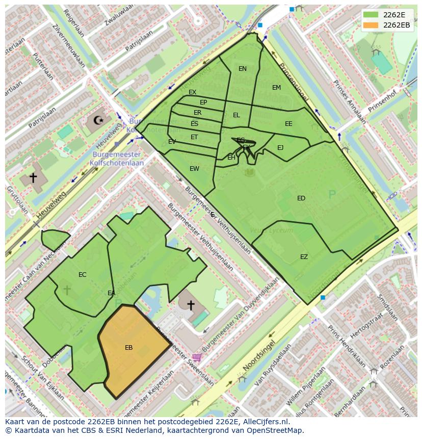 Afbeelding van het postcodegebied 2262 EB op de kaart.