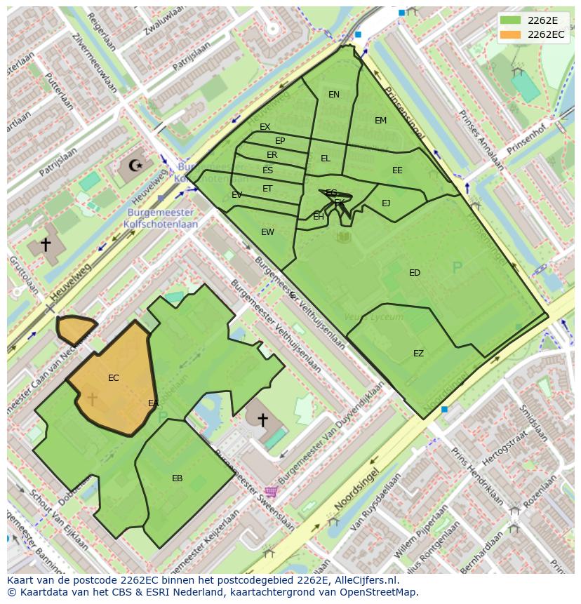 Afbeelding van het postcodegebied 2262 EC op de kaart.