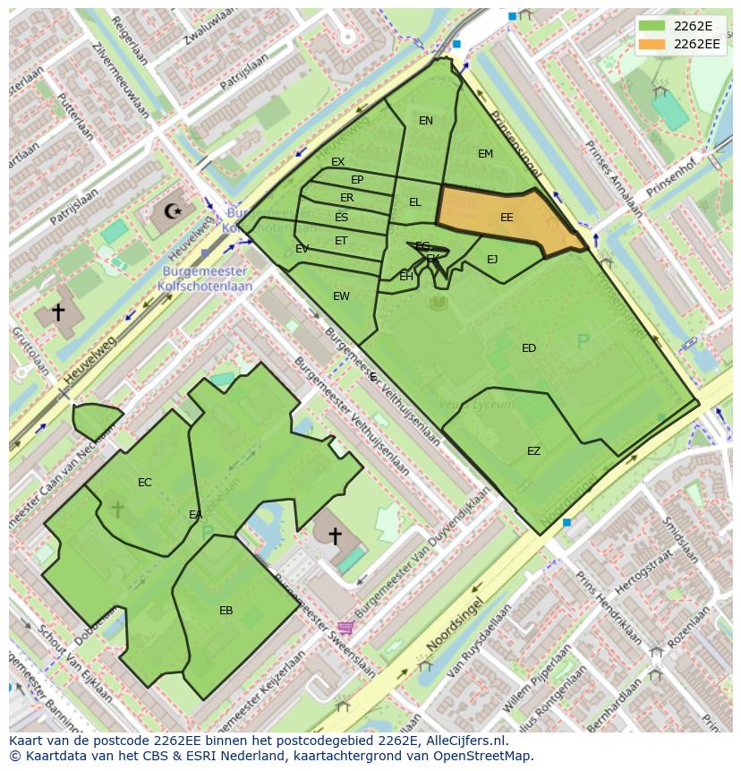 Afbeelding van het postcodegebied 2262 EE op de kaart.