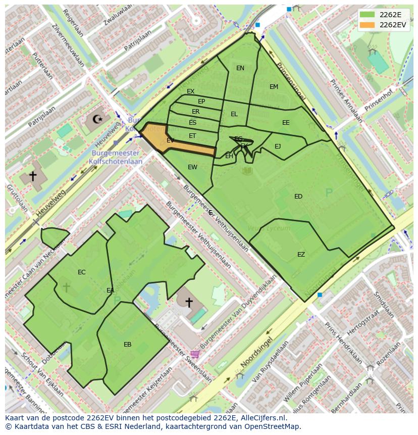 Afbeelding van het postcodegebied 2262 EV op de kaart.