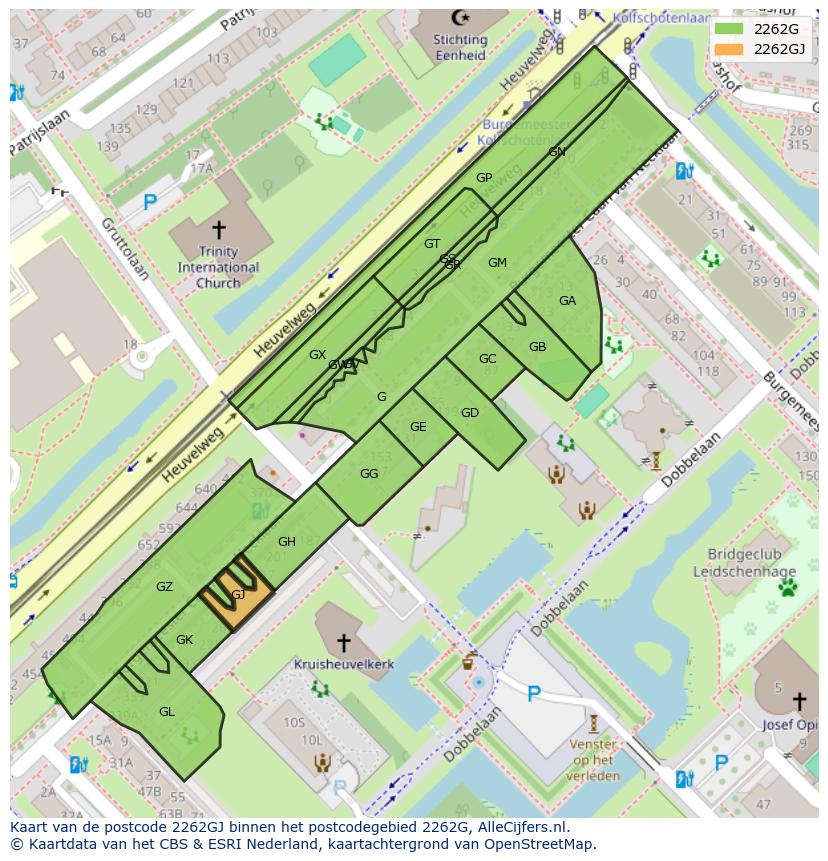Afbeelding van het postcodegebied 2262 GJ op de kaart.