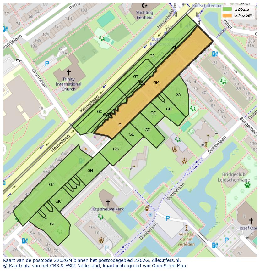 Afbeelding van het postcodegebied 2262 GM op de kaart.