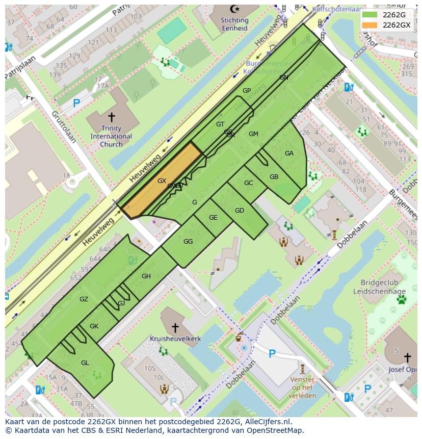 Afbeelding van het postcodegebied 2262 GX op de kaart.