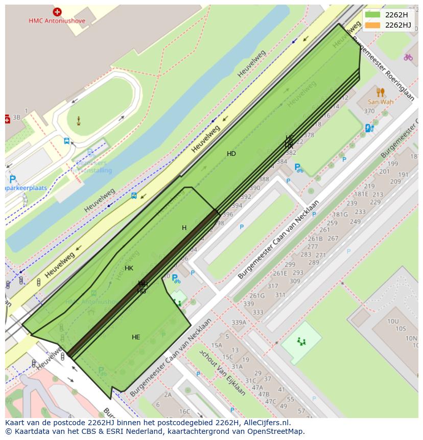 Afbeelding van het postcodegebied 2262 HJ op de kaart.