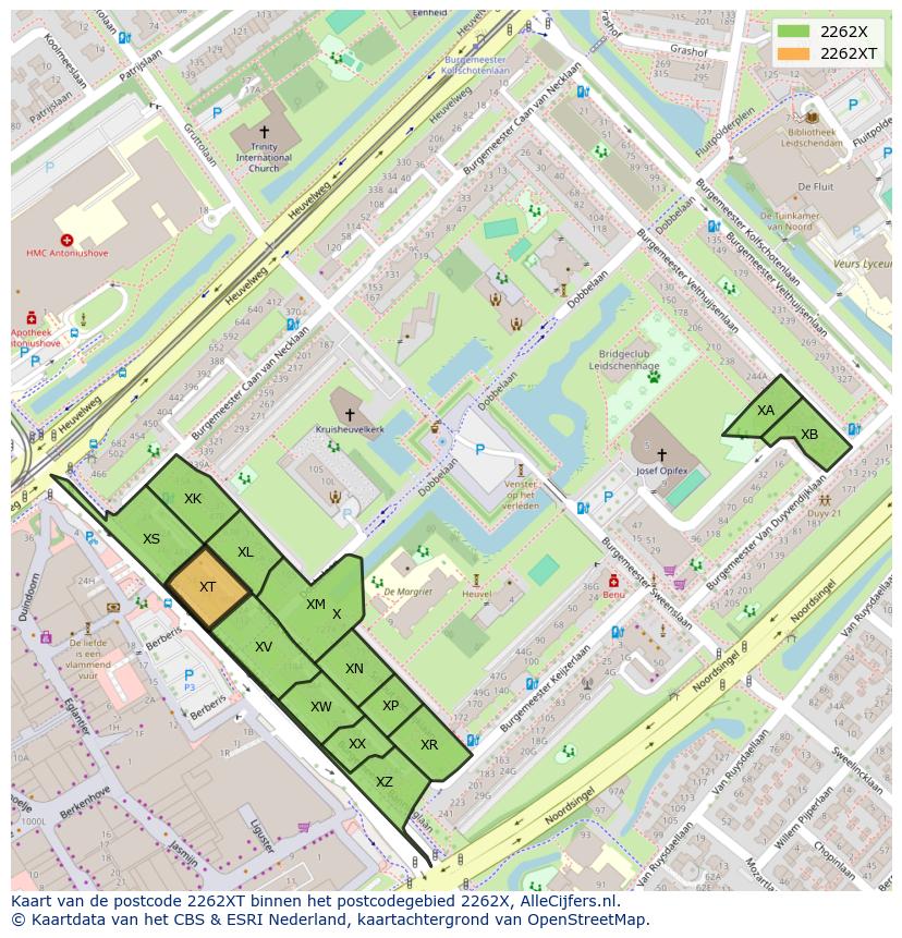 Afbeelding van het postcodegebied 2262 XT op de kaart.
