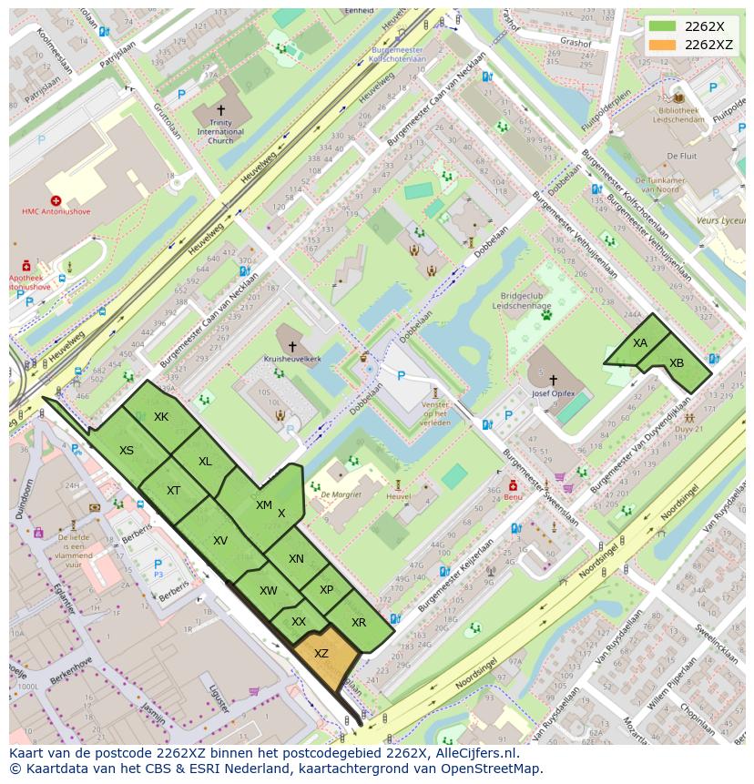 Afbeelding van het postcodegebied 2262 XZ op de kaart.
