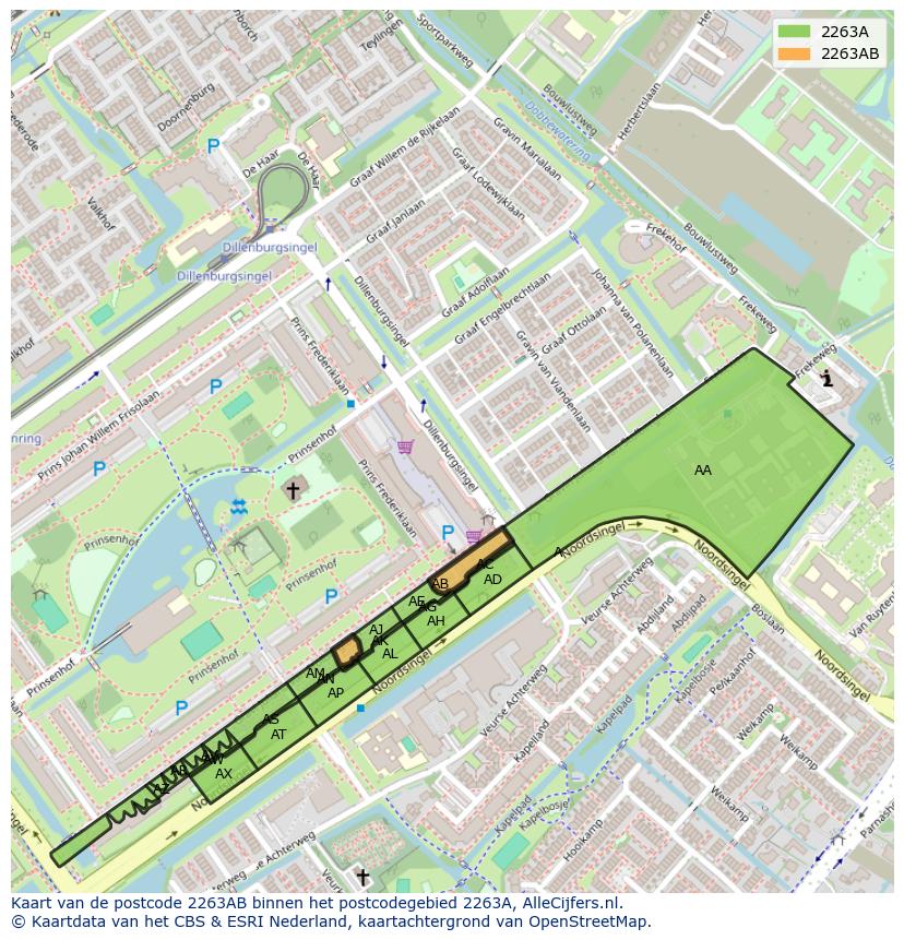 Afbeelding van het postcodegebied 2263 AB op de kaart.