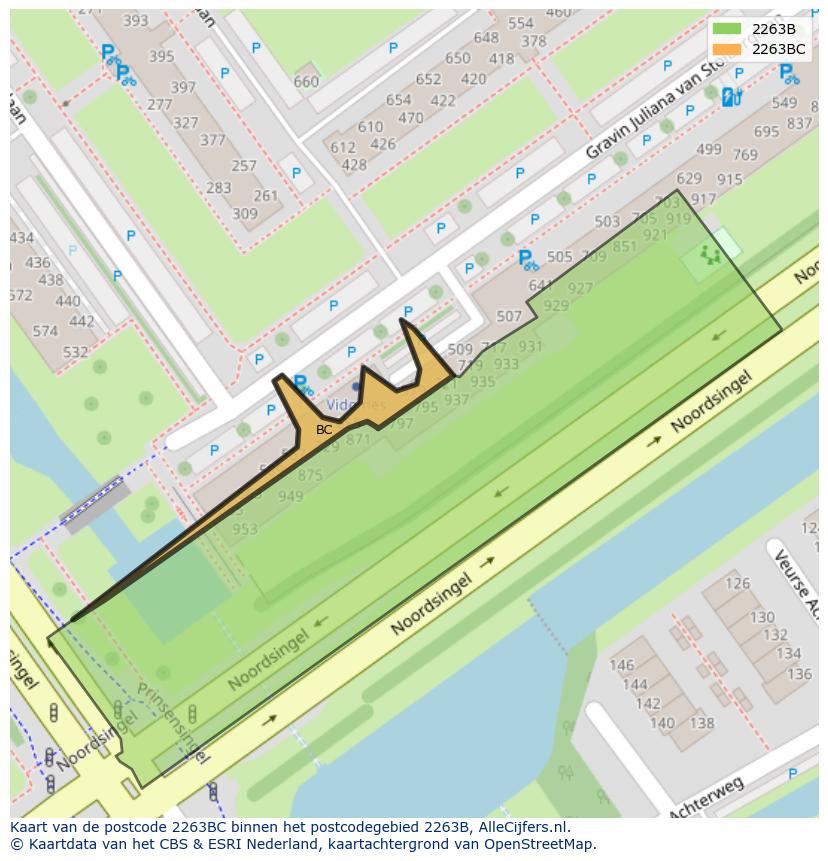 Afbeelding van het postcodegebied 2263 BC op de kaart.