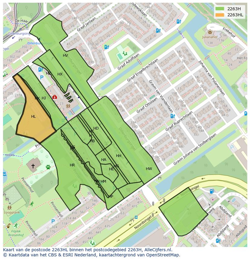 Afbeelding van het postcodegebied 2263 HL op de kaart.