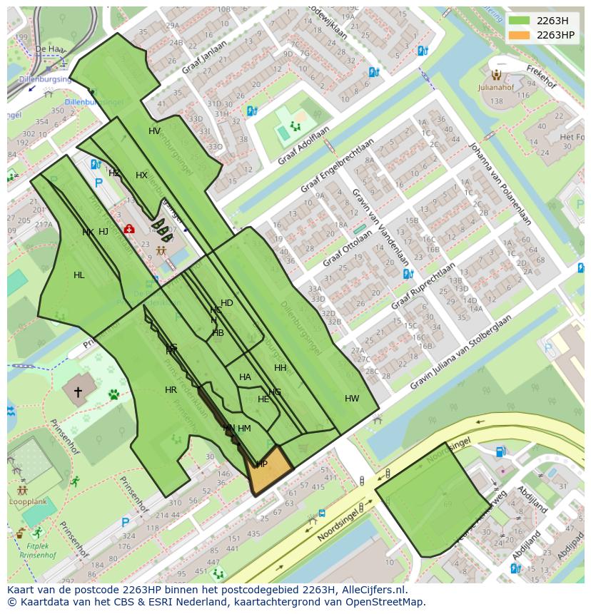 Afbeelding van het postcodegebied 2263 HP op de kaart.
