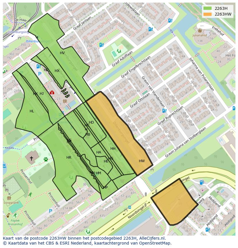 Afbeelding van het postcodegebied 2263 HW op de kaart.