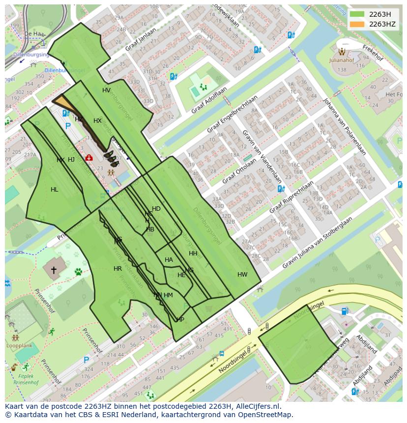 Afbeelding van het postcodegebied 2263 HZ op de kaart.