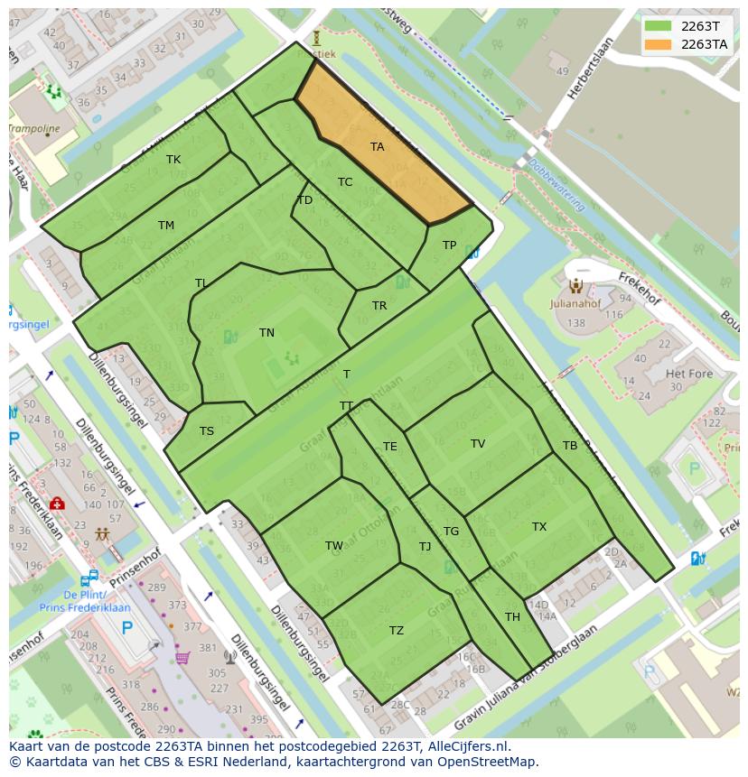 Afbeelding van het postcodegebied 2263 TA op de kaart.
