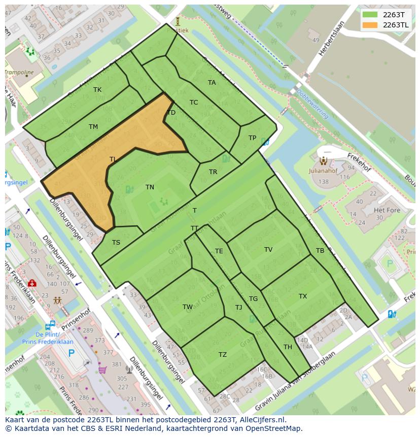 Afbeelding van het postcodegebied 2263 TL op de kaart.