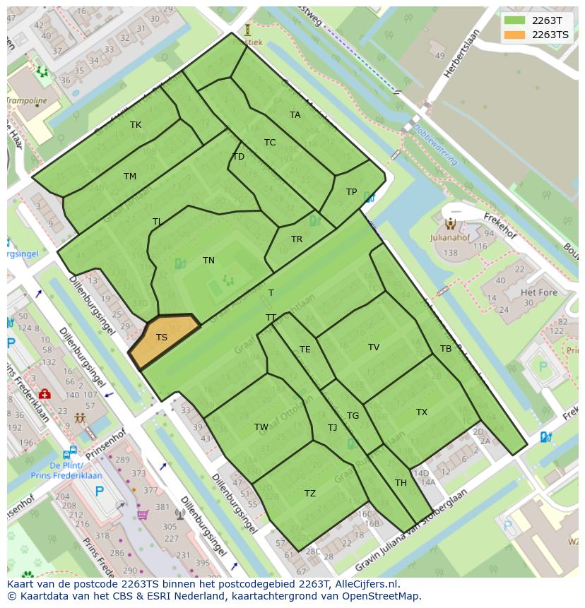 Afbeelding van het postcodegebied 2263 TS op de kaart.