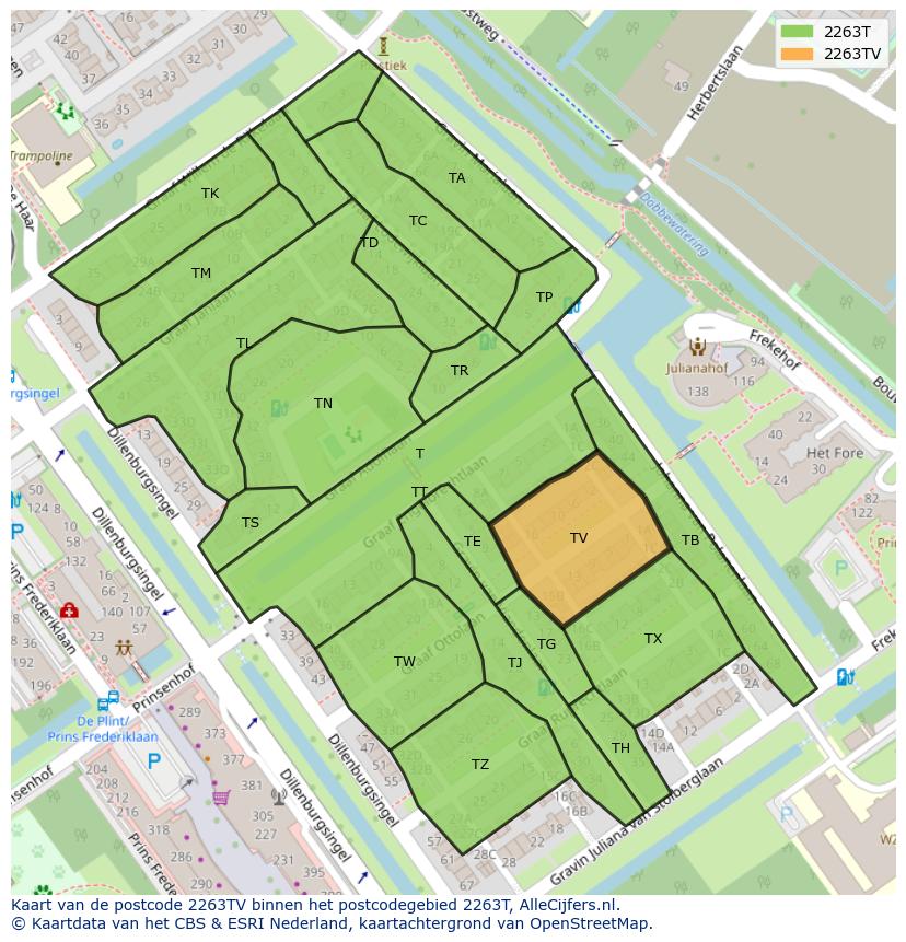Afbeelding van het postcodegebied 2263 TV op de kaart.