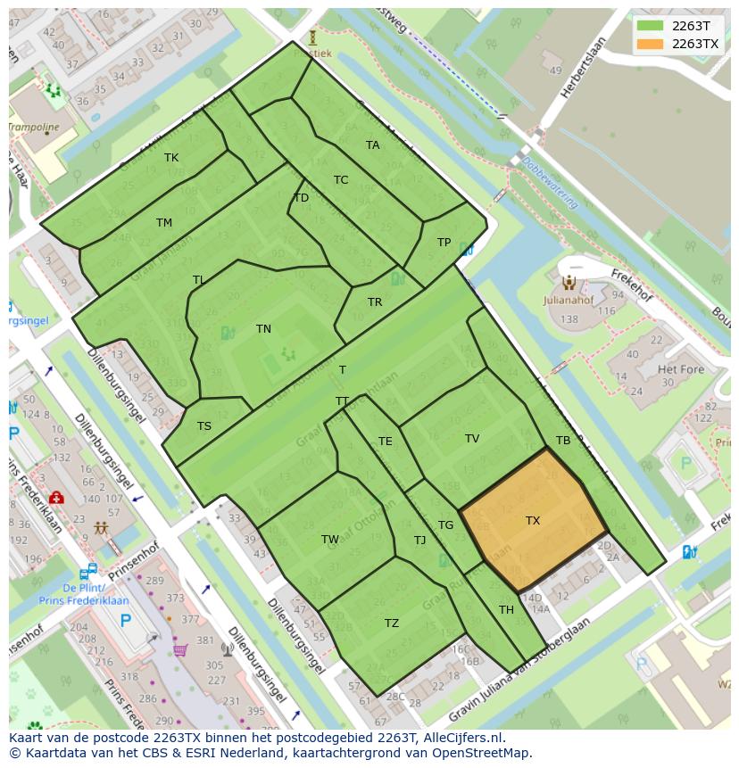 Afbeelding van het postcodegebied 2263 TX op de kaart.