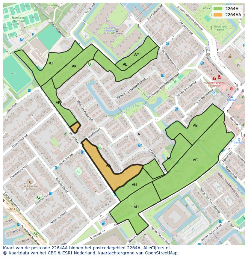 Afbeelding van het postcodegebied 2264 AA op de kaart.