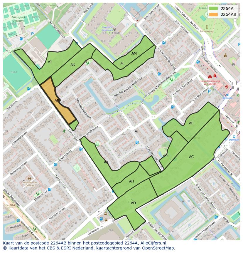 Afbeelding van het postcodegebied 2264 AB op de kaart.