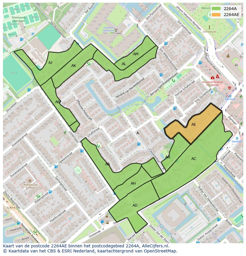 Afbeelding van het postcodegebied 2264 AE op de kaart.