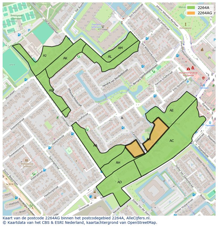 Afbeelding van het postcodegebied 2264 AG op de kaart.