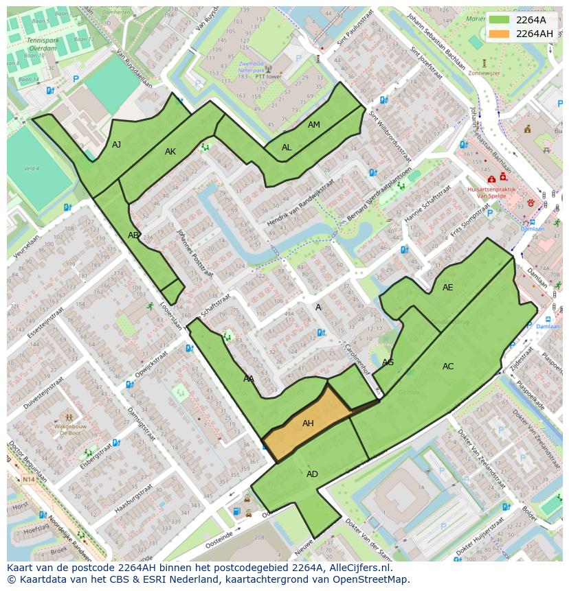 Afbeelding van het postcodegebied 2264 AH op de kaart.