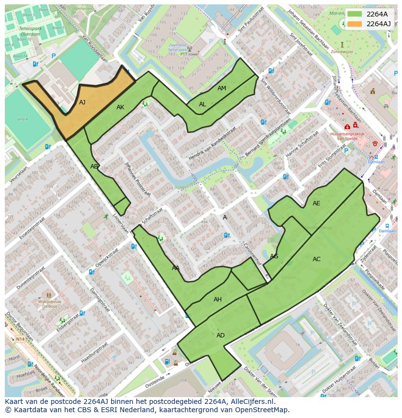Afbeelding van het postcodegebied 2264 AJ op de kaart.