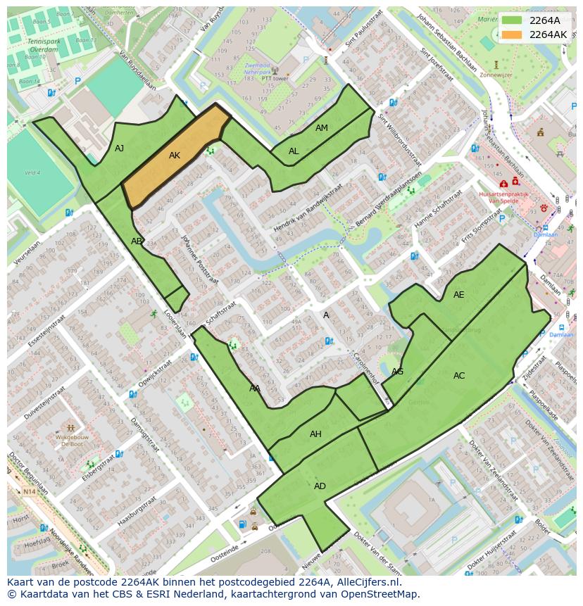 Afbeelding van het postcodegebied 2264 AK op de kaart.