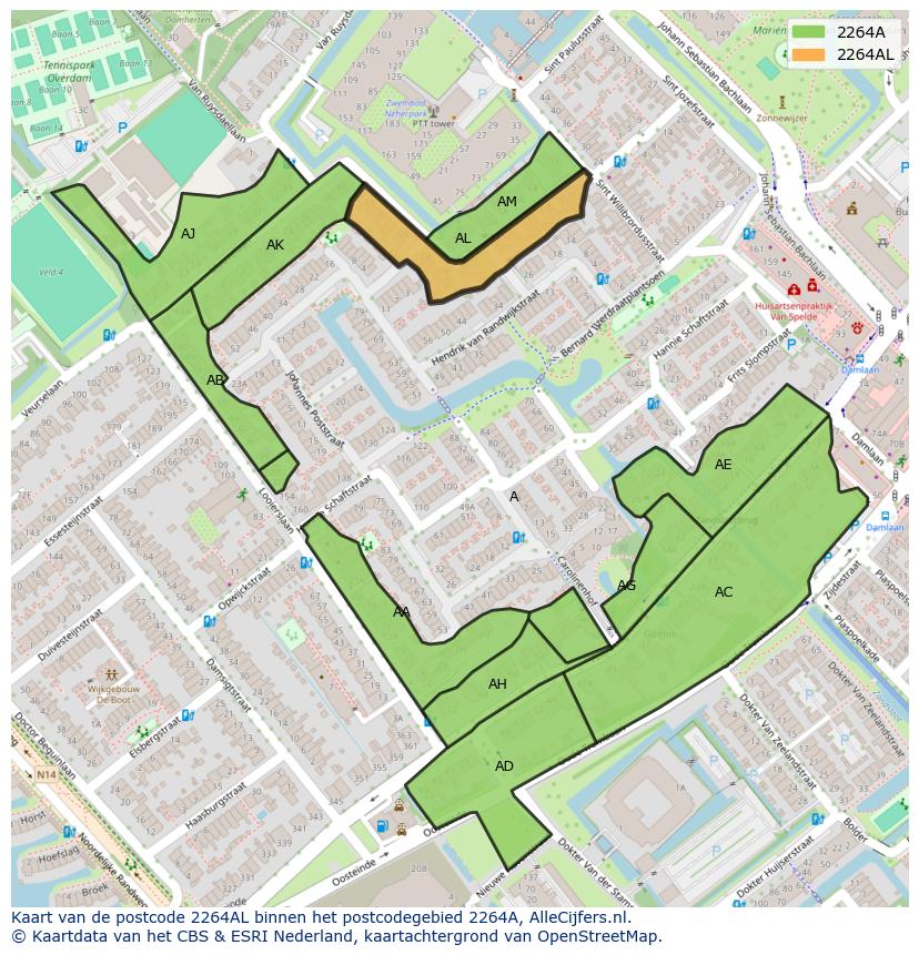 Afbeelding van het postcodegebied 2264 AL op de kaart.