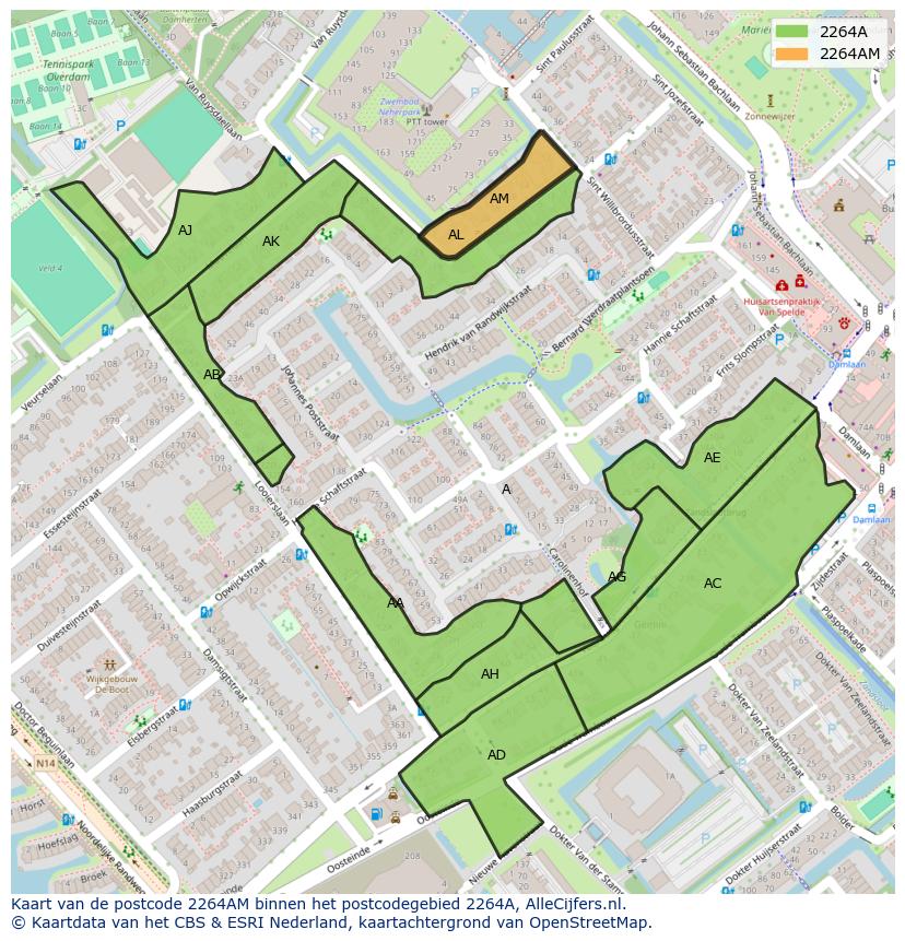 Afbeelding van het postcodegebied 2264 AM op de kaart.