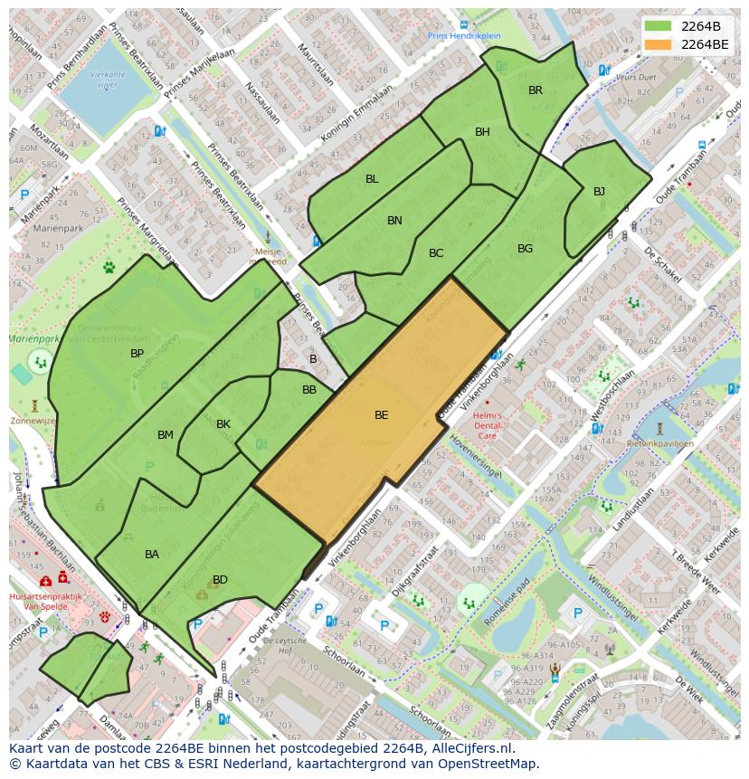 Afbeelding van het postcodegebied 2264 BE op de kaart.
