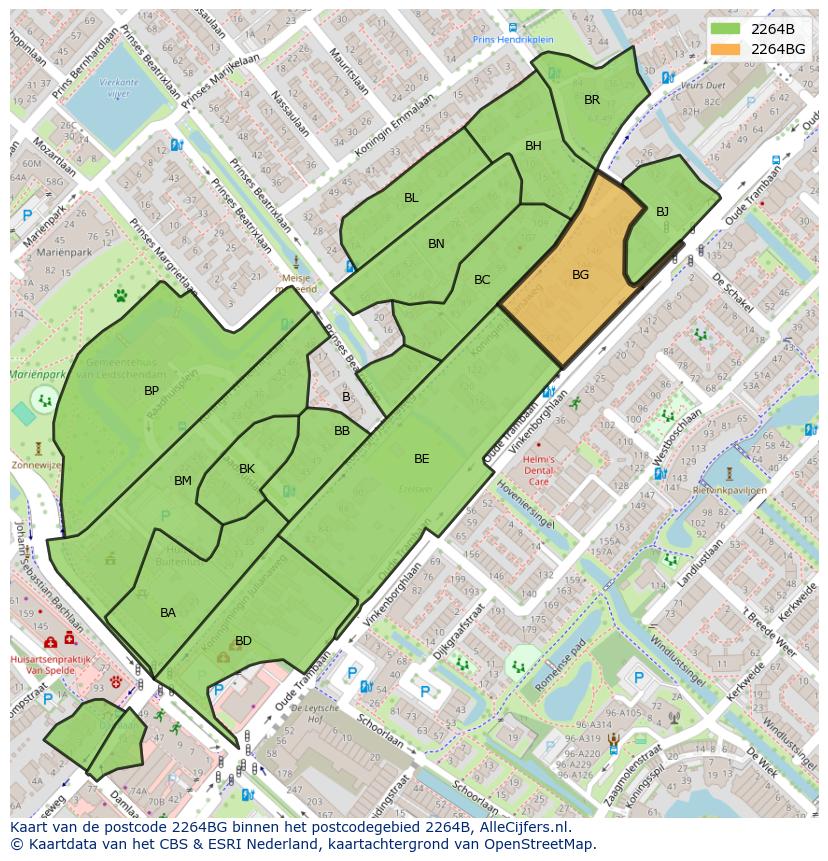 Afbeelding van het postcodegebied 2264 BG op de kaart.