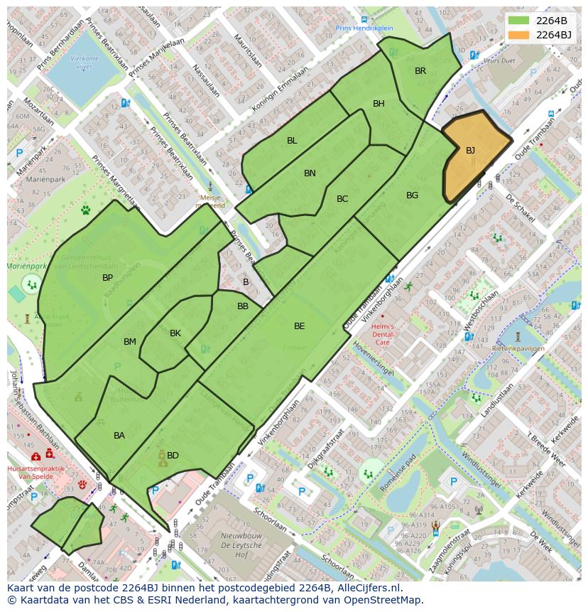 Afbeelding van het postcodegebied 2264 BJ op de kaart.