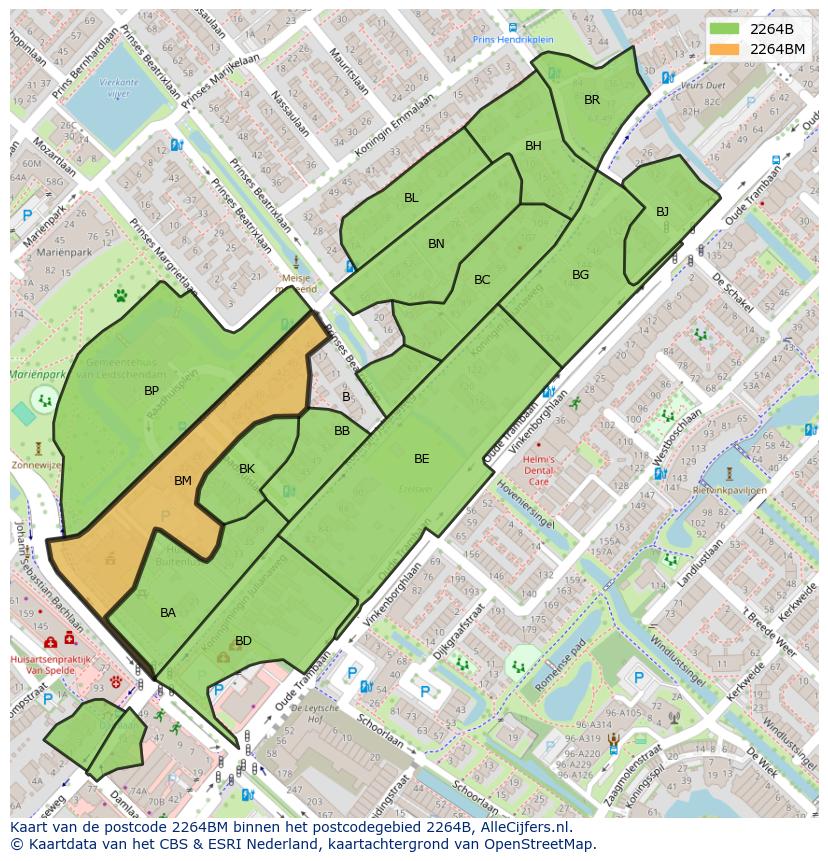 Afbeelding van het postcodegebied 2264 BM op de kaart.