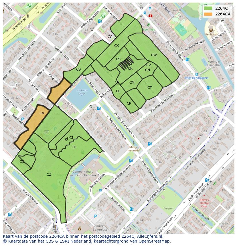 Afbeelding van het postcodegebied 2264 CA op de kaart.