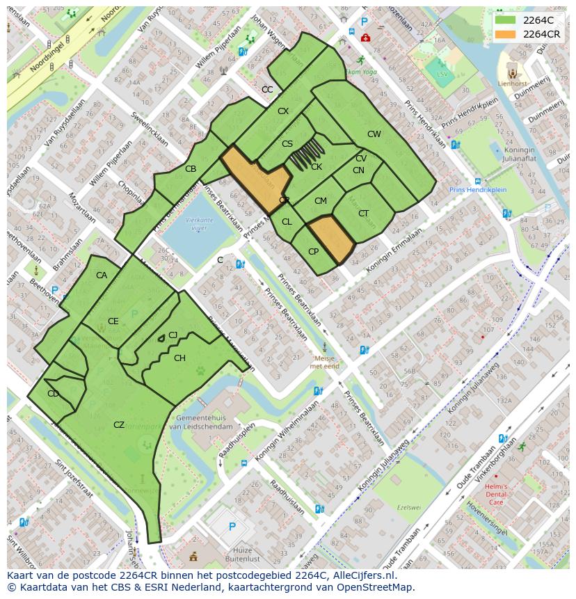 Afbeelding van het postcodegebied 2264 CR op de kaart.