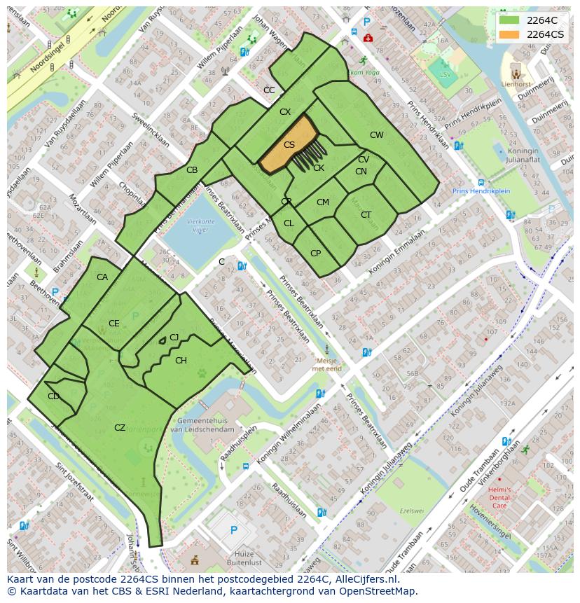 Afbeelding van het postcodegebied 2264 CS op de kaart.