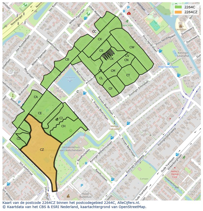 Afbeelding van het postcodegebied 2264 CZ op de kaart.