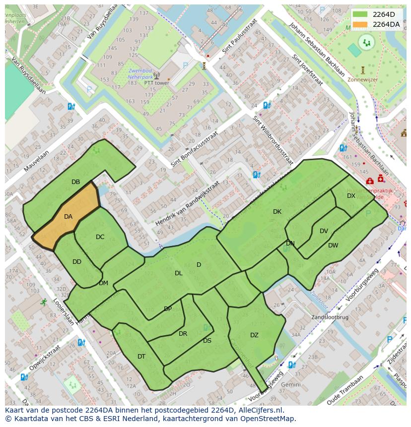 Afbeelding van het postcodegebied 2264 DA op de kaart.
