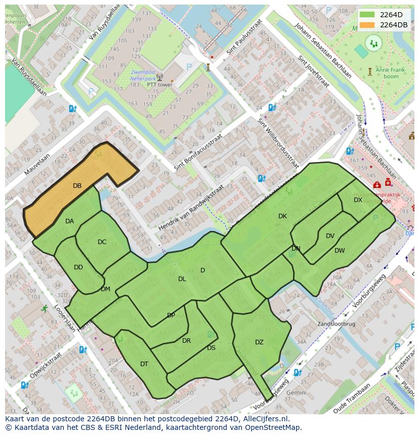 Afbeelding van het postcodegebied 2264 DB op de kaart.