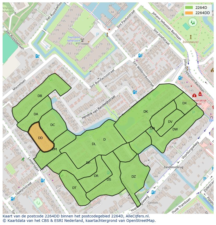 Afbeelding van het postcodegebied 2264 DD op de kaart.