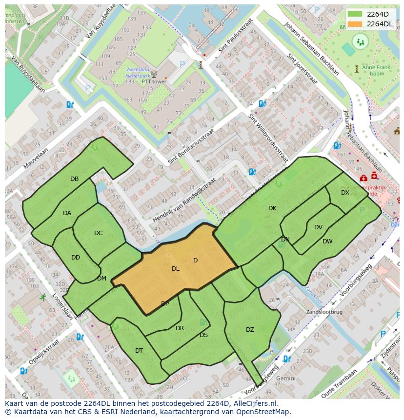 Afbeelding van het postcodegebied 2264 DL op de kaart.